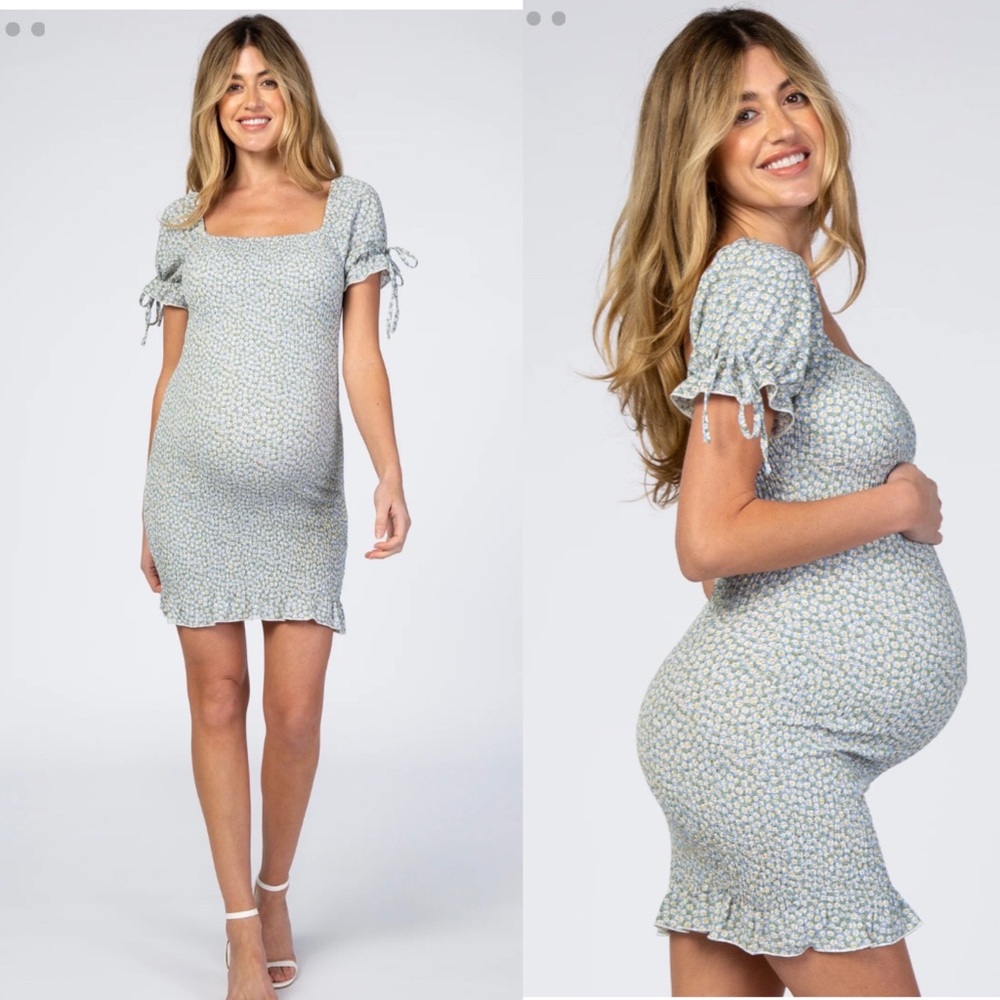 Maternity Pinkblush Light Blue Floral Smocked Fitted Maternity Mini Dress